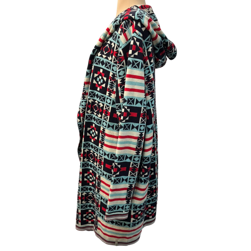 Woolrich Open Cardigan<br />
Southwestern Design<br />
Hooded<br />
60% Cotton 40% Acrylic<br />
Colors:  Navy, Cream, Red, Aqua<br />
Size: 1X