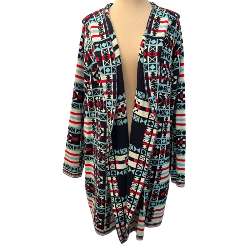 Woolrich Open Cardigan<br />
Southwestern Design<br />
Hooded<br />
60% Cotton 40% Acrylic<br />
Colors:  Navy, Cream, Red, Aqua<br />
Size: 1X