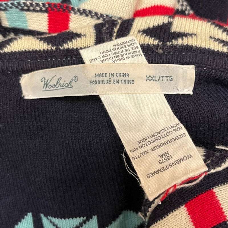 Woolrich Open Cardigan<br />
Southwestern Design<br />
Hooded<br />
60% Cotton 40% Acrylic<br />
Colors:  Navy, Cream, Red, Aqua<br />
Size: 1X