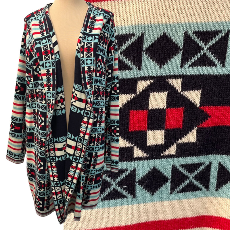 Woolrich Open Cardigan
Southwestern Design
Hooded
60% Cotton 40% Acrylic
Colors:  Navy, Cream, Red, Aqua
Size: 1X