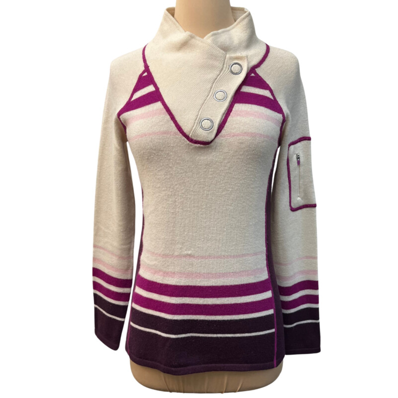 Akini Striped Sweater
60% Wool 40% Polyester
Color:  Cream and Plum
Size: XS