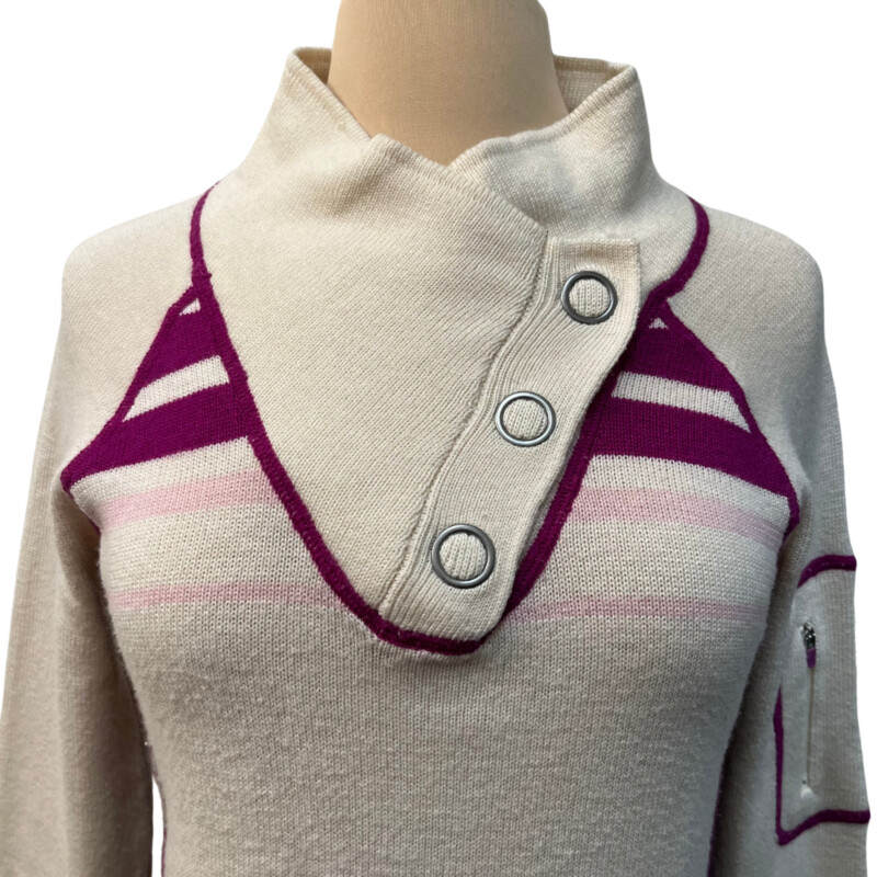 Akini Striped Sweater
60% Wool 40% Polyester
Color:  Cream and Plum
Size: XS