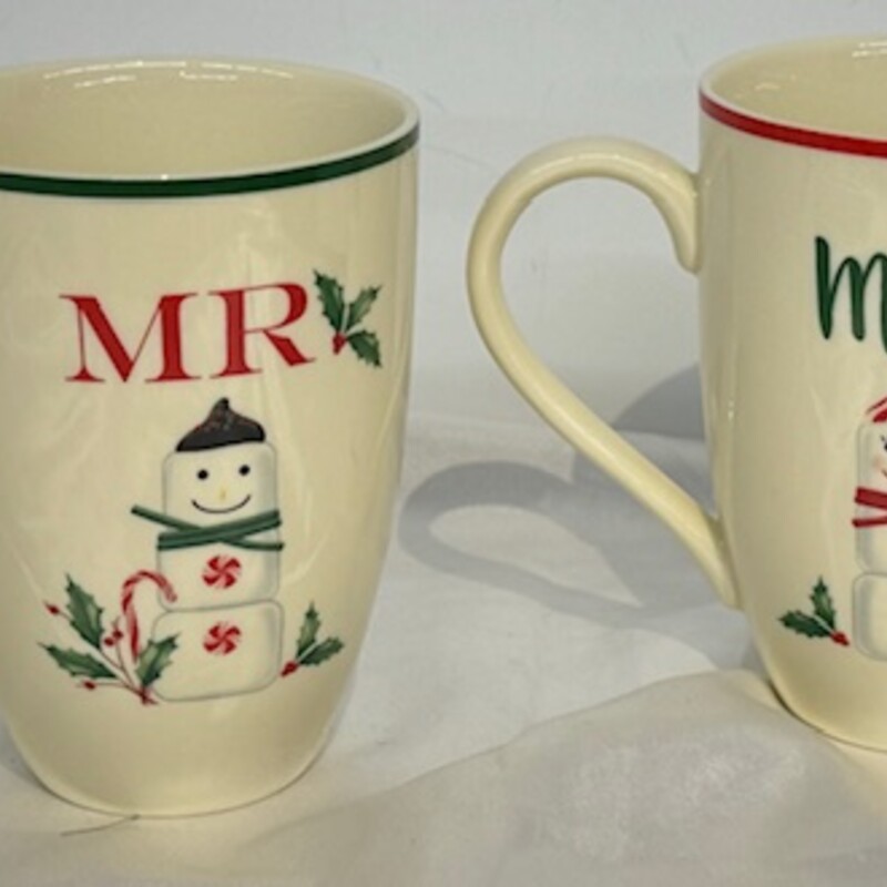 Lenox Mr. & Mrs Snowman Hosting Mugs
Set of 2
Cream Red Green
Size: 5 x 3.5 x 5H