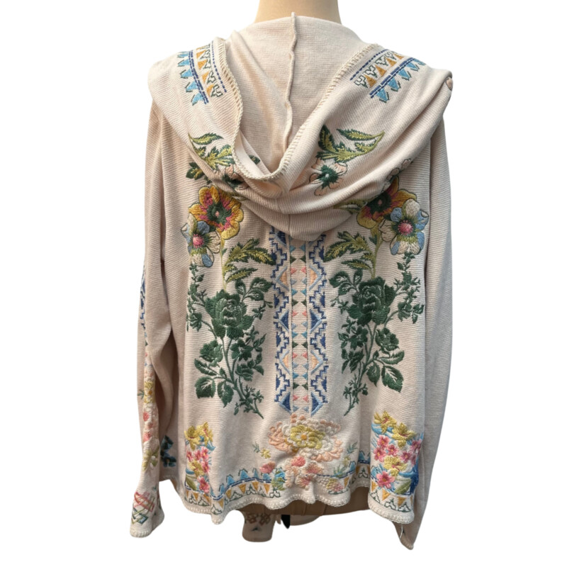 Johnny Was Cradigan<br />
Embroidered Floral Detail<br />
With Pockets<br />
Waterfall Opening<br />
Cream with Green, Blues, Pink and yellow<br />
Size: Large