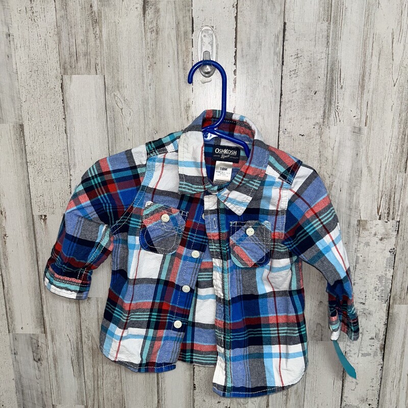 18M Blue Plaid Button Up, Blue, Size: Boy 12-24m