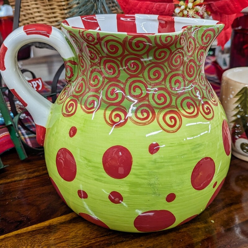 Painted Polkadot Pitcher
Green, Red, White
Size: 8x8H