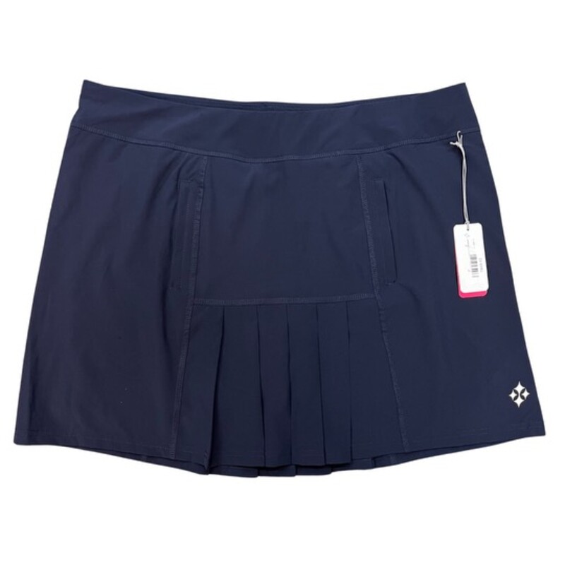 NEW Jofit Dash Skort<br />
Meet the Dash skort-a fun and flirty. The front and back pleats are a preppy twist. This style also boasts secure zipper front pockets and breathable undershorts.<br />
Pleat detail in front and back<br />
Secure front pockets with zippers<br />
Micromesh undershorts<br />
Pull on encased elastic waistband<br />
Color: Midnight Navy<br />
Size: XXL