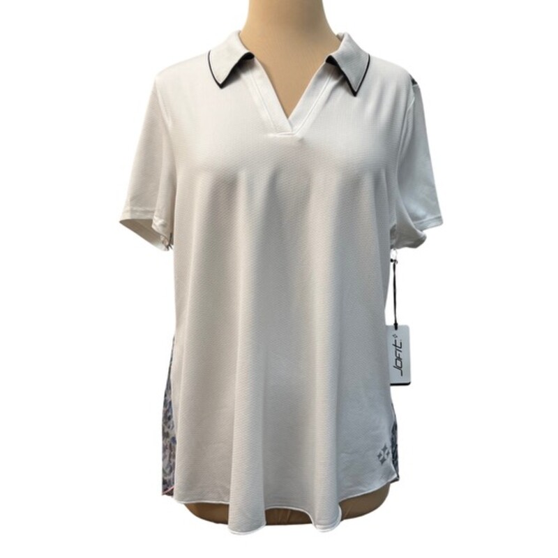 NEW Jofit Flounce Polo<br />
Flounce detail in the back<br />
Tipped collar<br />
Back darts give the waist shape<br />
Scooped bottom hem lengthens your leg line and provides extra coverage<br />
4-way stretch fabric won't bag or sag<br />
Size: XLarge