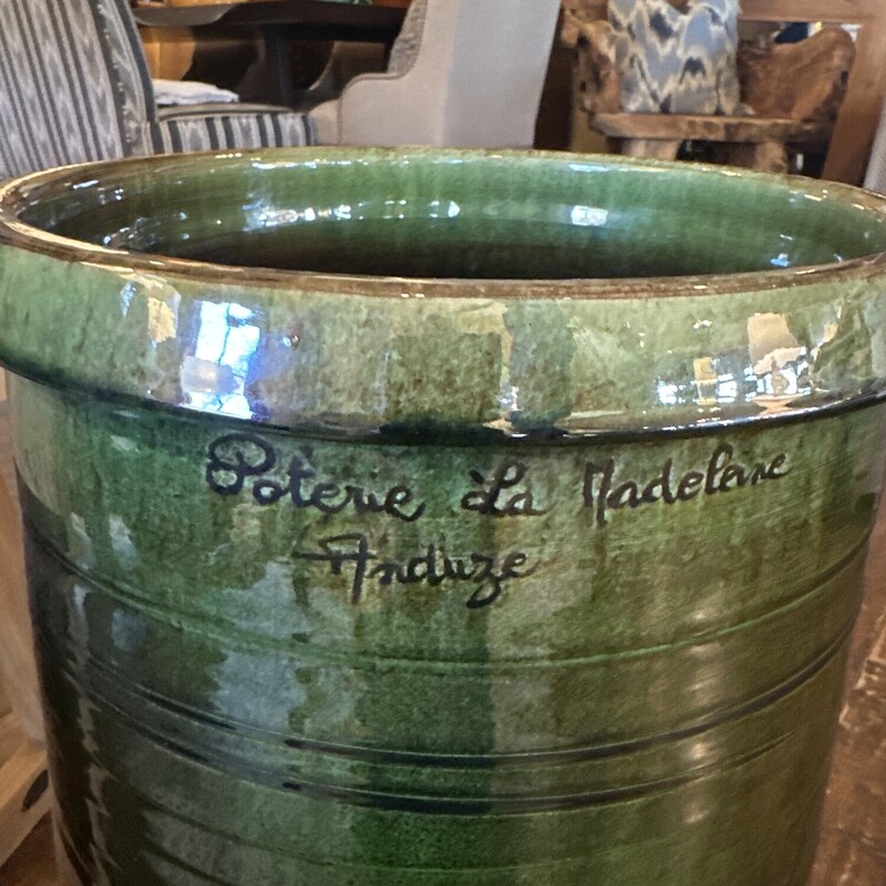 Vase De Anduze - Late 19th Century<br />
<br />
Size: 22Tx12W<br />
<br />
Antique terra cotta pot with bright emerald green glaze. Circa 1880 from Tornac, France, a small village in Southern France bordering Anduze.