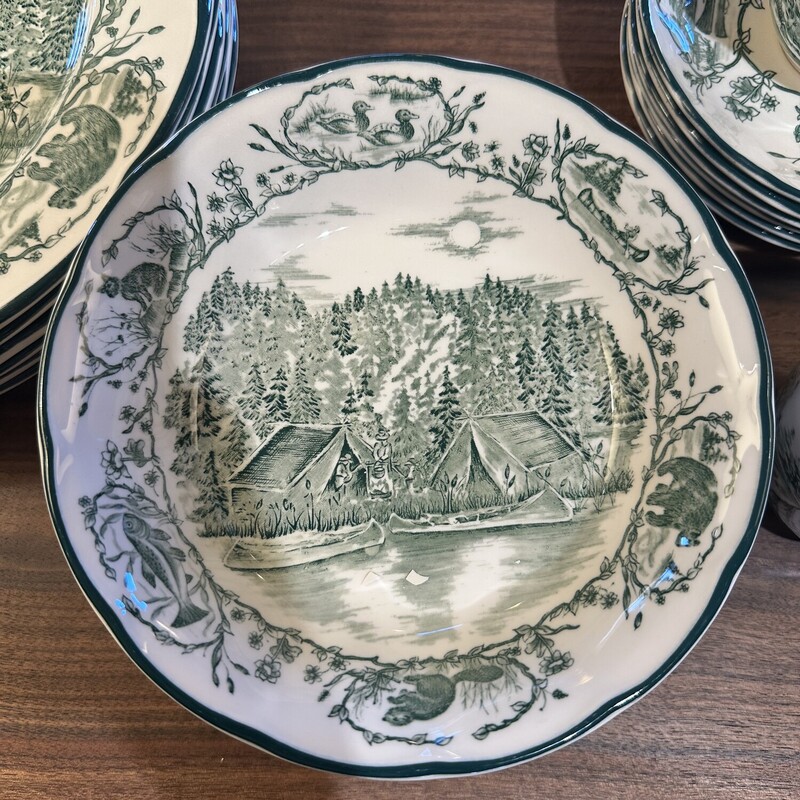 Bob Tmberlake Campsite - Set of 6<br />
<br />
Set includes:<br />
Dinner Plate - 10 in<br />
Salad plate - 8 in.<br />
Bowl - 7 in<br />
Mugs and Saucers