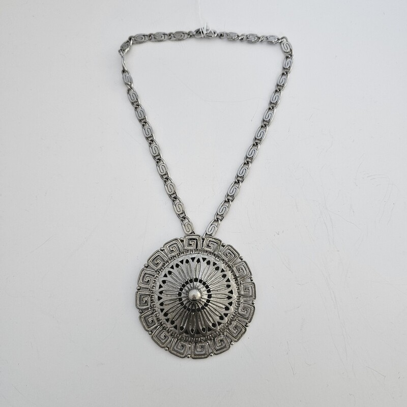 Greek Key Round Pendant, Silver, Size: Vintage