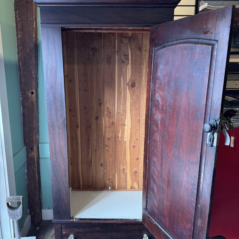 Mahogany Armoire<br />
Cedar Lined, Hanging Rod,  Beveled Mirror on Door with Glass Knob<br />
35 Inches Wide, 20 Inches Deep 74 Inches High