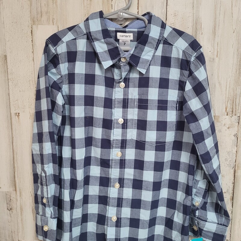 7 Blue Gingham Button Up, Blue, Size: Boy 5-8