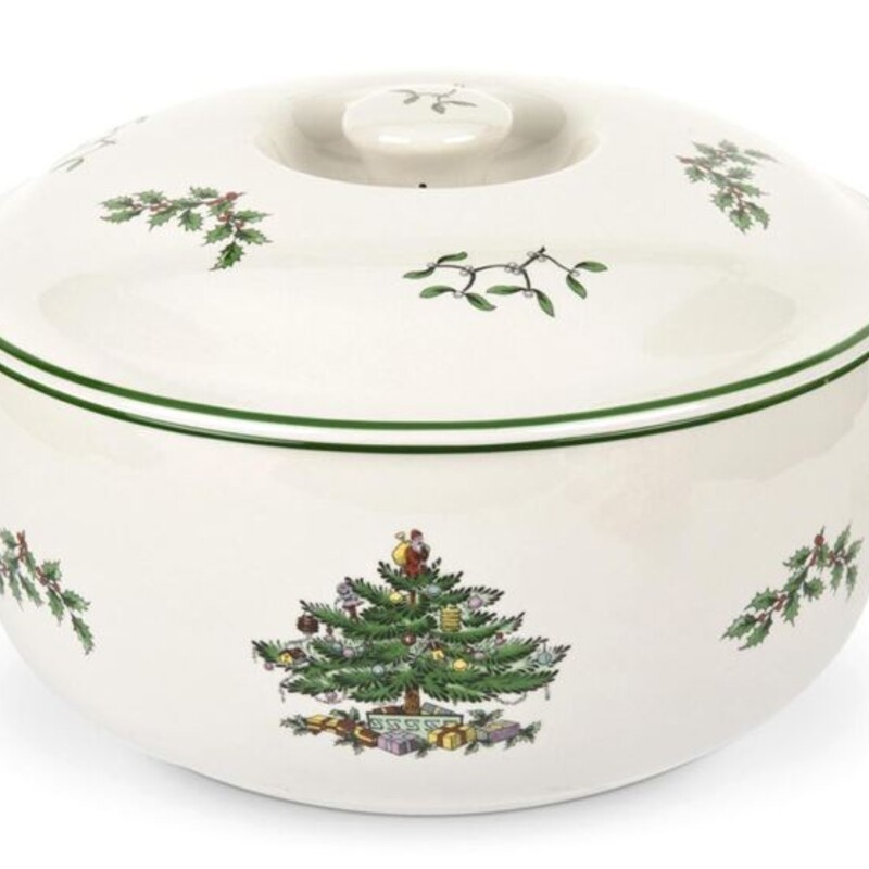 Spode Round Covered Deep Dish
White Xmas colors Size: 11 x 6.5H
Original box included