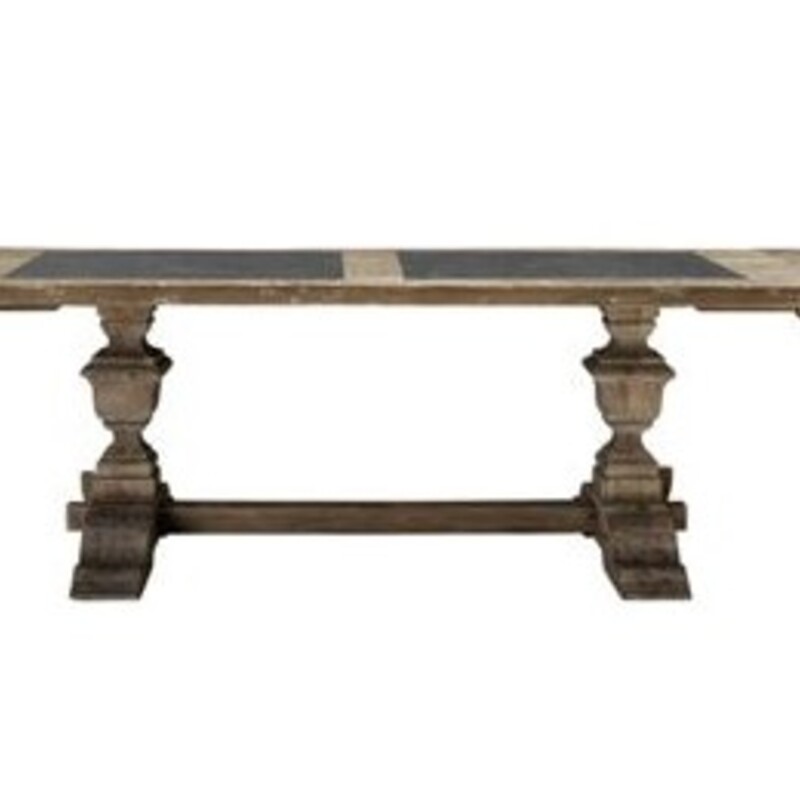 Arhaus Wilhelm Dining Table
Brown Barnyard Wood with Dark Grey Stone Inserts
(Blue Stone looks Dark Grey)
Size: 87 x 40 x 30H (Without Leaves)
2 End Leaves (17 Inches Each) = Total Length 101L