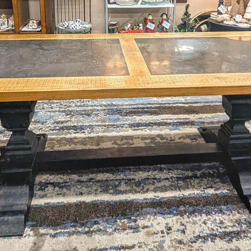 Arhaus Wilhelm Dining Table<br />
Brown Barnyard Wood with Dark Grey Stone Inserts<br />
(Blue Stone looks Dark Grey)<br />
Size: 87 x 40 x 30H (Without Leaves)<br />
2 End Leaves (17 Inches Each) = Total Length 101L