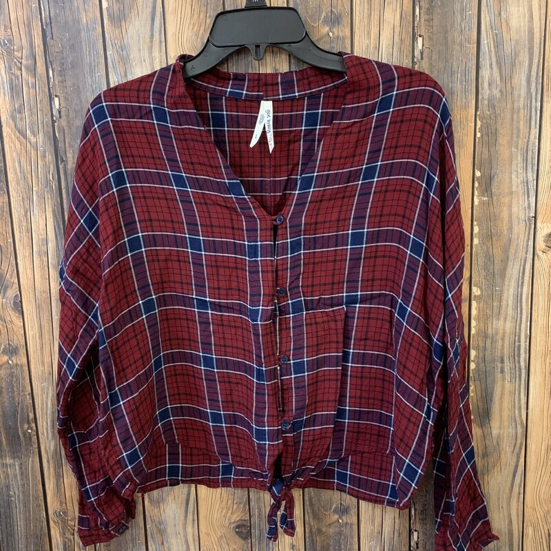 Red Blue Plaid Crop Shirt, Size: L