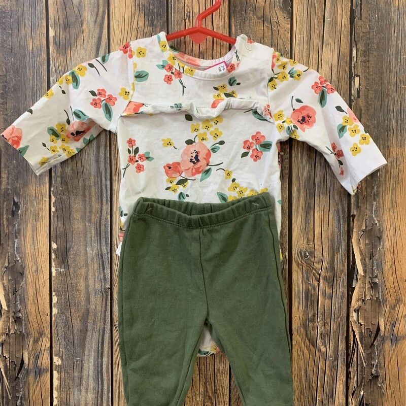 White Flower Shirt/green pants, Size: 0-3m