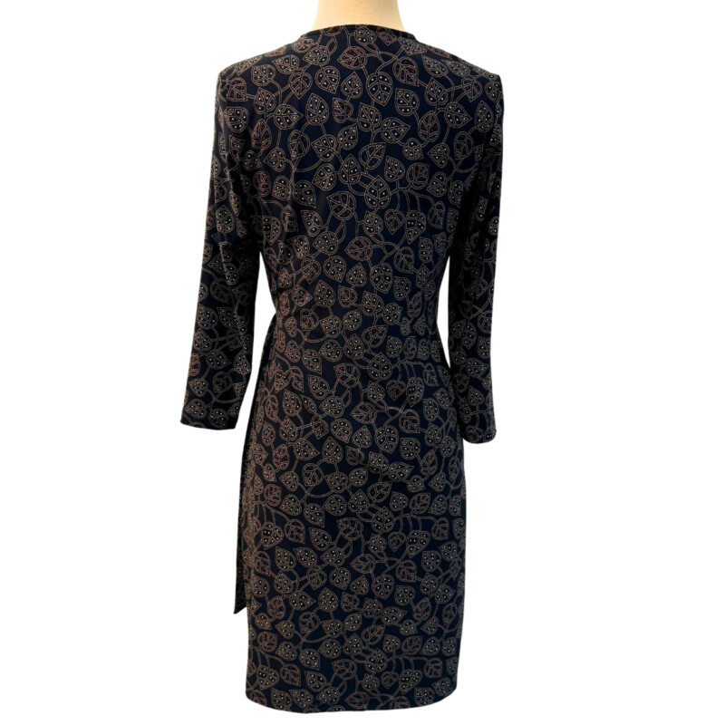 Anne Klein Leaf Print Dress<br />
Faux Wrap<br />
Color: Black, Brown, White, and Red<br />
Size: Small