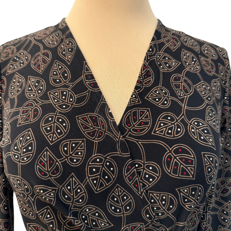 Anne Klein Leaf Print Dress
Faux Wrap
Color: Black, Brown, White, and Red
Size: Small