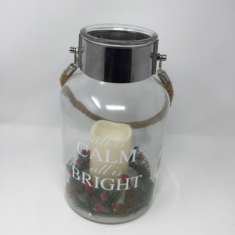 Glass Canister With LED Canlde & Wreath,
Clear/Silver/Red/Green/Brown,
Size: 12 X 7.5 In