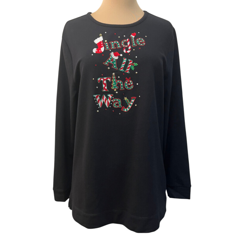 Quacker Factory Top<br />
Embroidered with Jingle All The Way<br />
Bejeweled<br />
Black with Red, Green and White<br />
Size: Medium