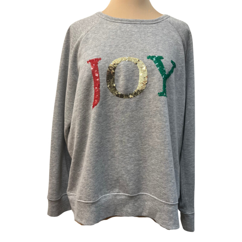 Caslon Joy Pullover<br />
Sequins Spell out Joy<br />
Colors:  Gray with Red, Green and Gold<br />
Size: XL