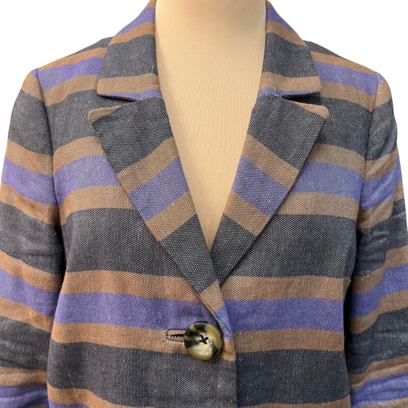 Boden Striped Jacket<br />
Linen Blend<br />
With Pockets<br />
Classic Cut and Style<br />
Colors: Purple, Black, and Tan<br />
Size: Medium