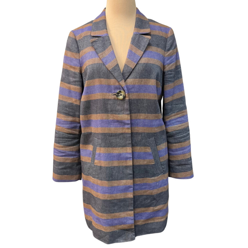 Boden Striped Jacket
Linen Blend
With Pockets
Classic Cut and Style
Colors: Purple, Black, and Tan
Size: Medium