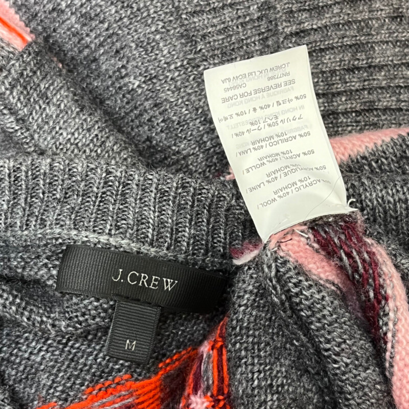 J Crew Sweater<br />
Wool&Mohair Blend<br />
Colors: Charcoal Gray with Red, Geranium, Burgandy and Light Pink<br />
Size: Medium