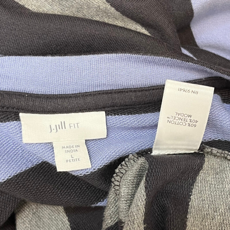 J Jill Striped Top<br />
Cotton and Modal Blend<br />
Colors:  Gray and Lilac<br />
Size: Petite Large