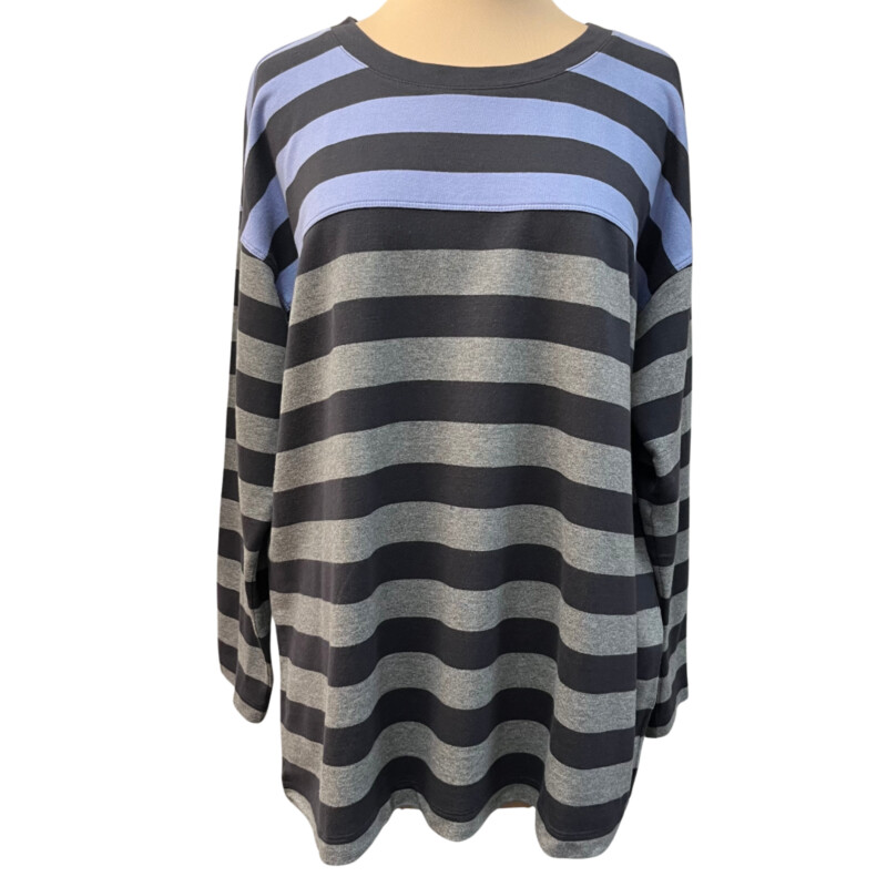 J Jill Striped Top<br />
Cotton and Modal Blend<br />
Colors:  Gray and Lilac<br />
Size: Petite Large