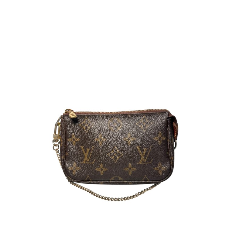 Louis Vuitton Pochette<br />
Monogram<br />
 Size: Mini<br />
<br />
Hardware tarnished and leather worn.<br />
 Stain in interior<br />
<br />
Date Code: FL2083<br />
<br />
Dimensions:<br />
6.1 x 4.1 x 1.6 inches<br />
(Length x Height x Width)<br />
<br />
Does not come with original dust bag or box.