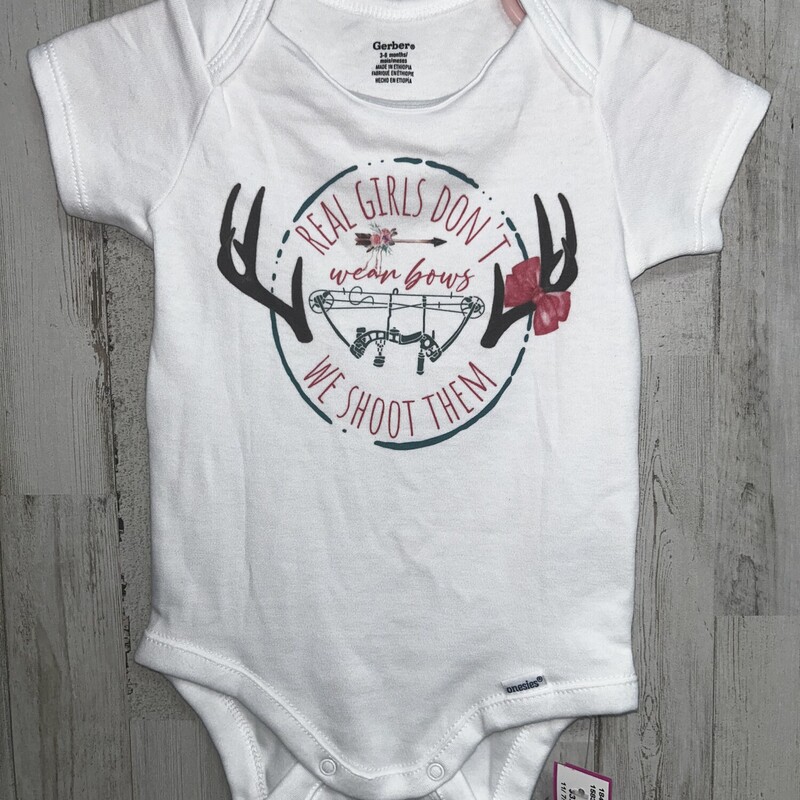 3/6M We Shoot Them Onesie, White, Size: Girl NB-3m