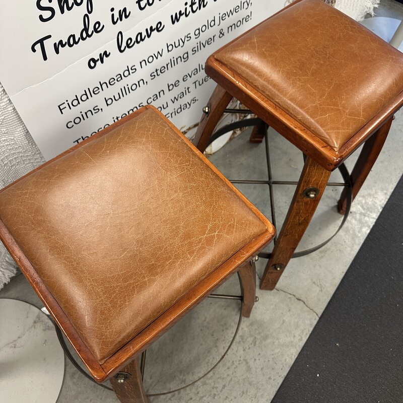 Two Wine Barrel Stools, sold as a PAIR.
Counter height; 25in seat.