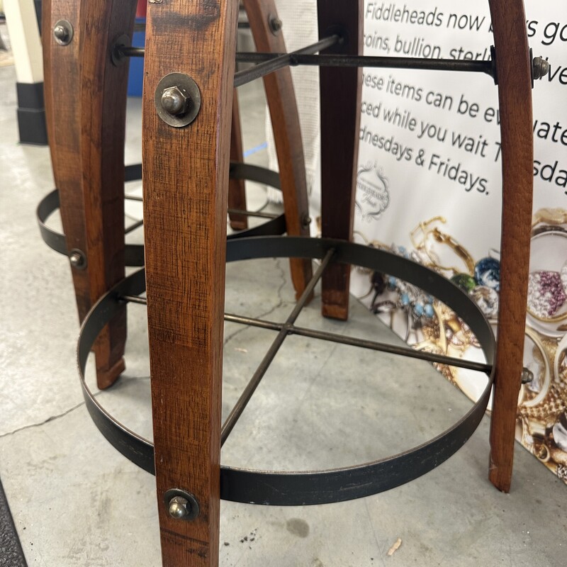 Two Wine Barrel Stools, sold as a PAIR.
Counter height; 25in seat.