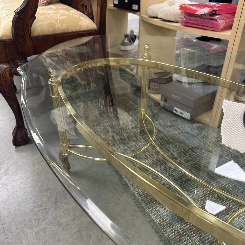 Vintage Glass-Top Coffee Table with Brass Base
Size: 48in W