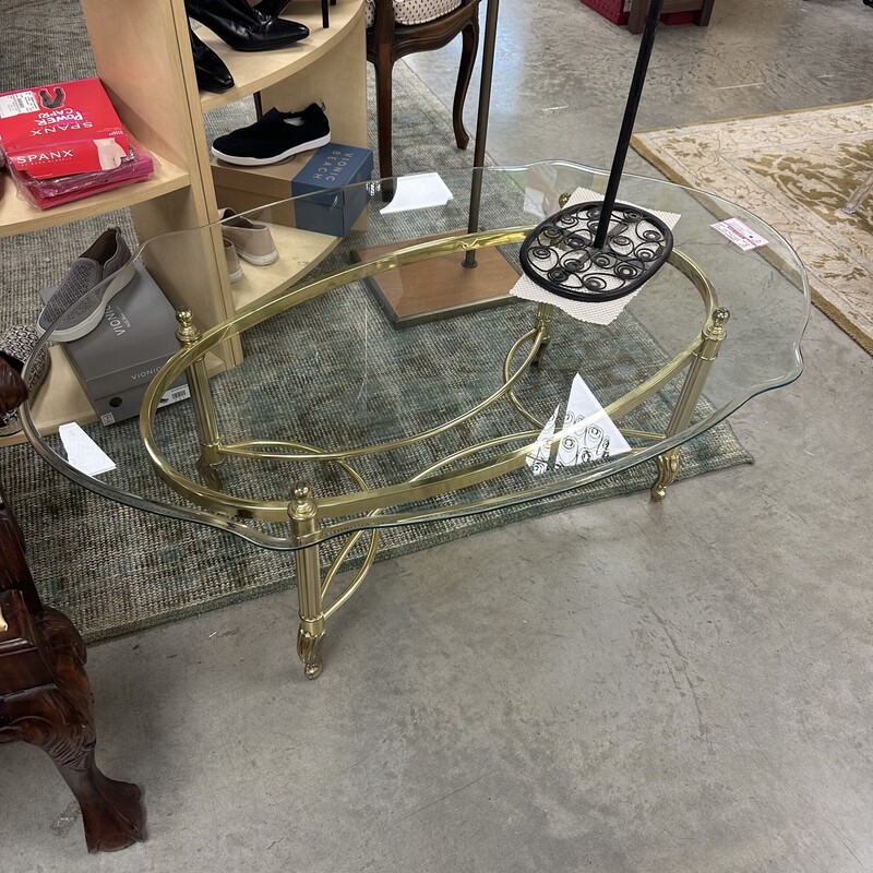 Vintage Glass-Top Coffee Table with Brass Base
Size: 48in W