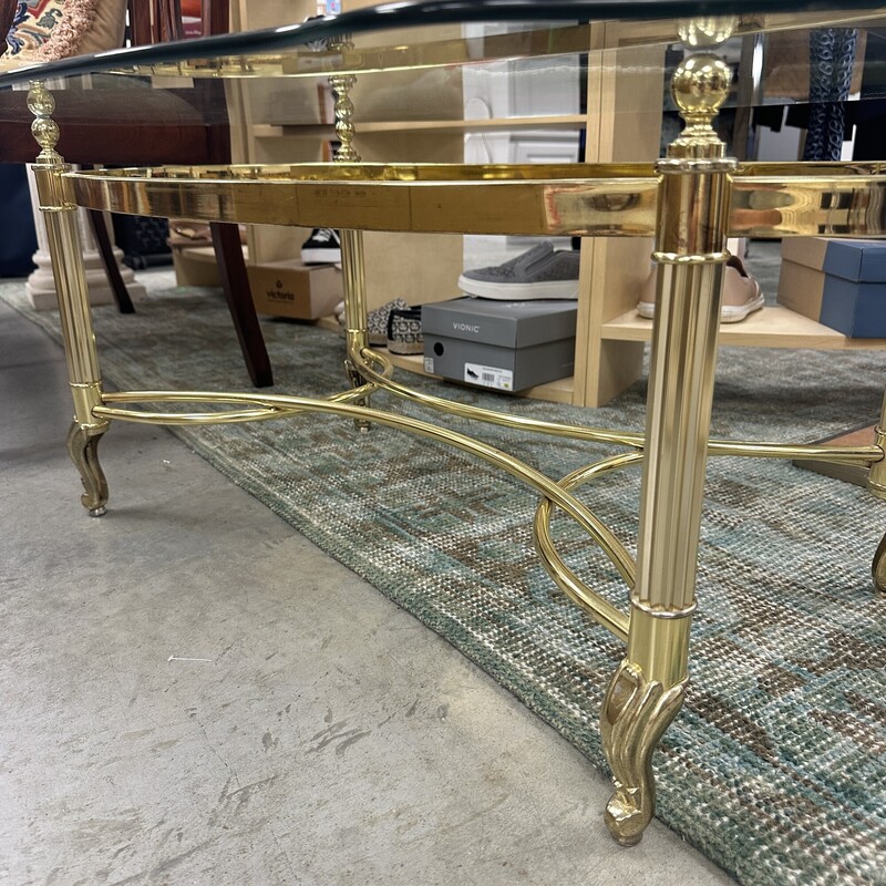 Vintage Glass-Top Coffee Table with Brass Base
Size: 48in W