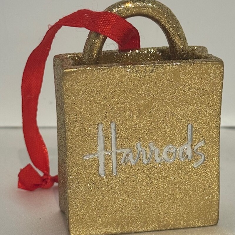 Harrods Shopping Bag Ornament
Gold White Red
Size: 2x2.5H