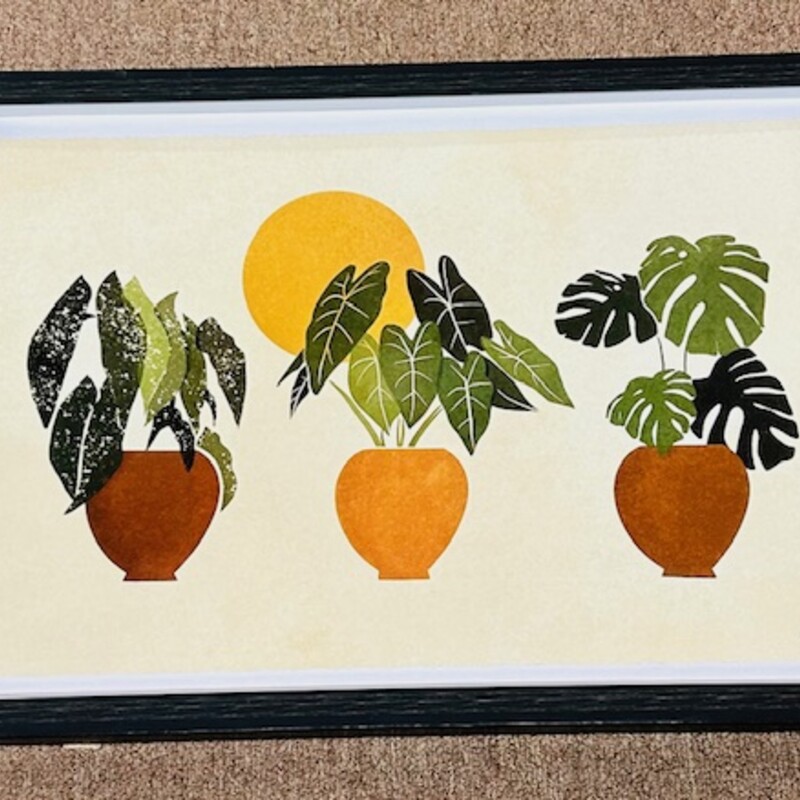 3 Potted Plants Print
Tan, Green, Black Frame
Size: 20x14H