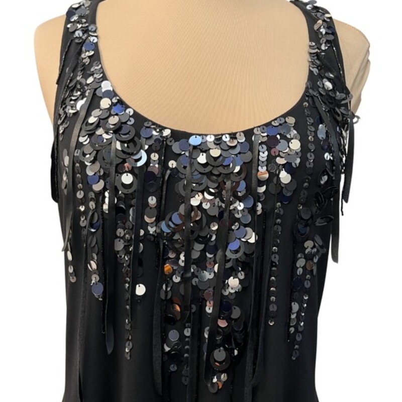 Sue Wong Sequin Dress<br />
Sleeveless with Sequin and Fringe Detail<br />
Color: Black<br />
Size: 6<br />
Perfect for that Holiday Party!