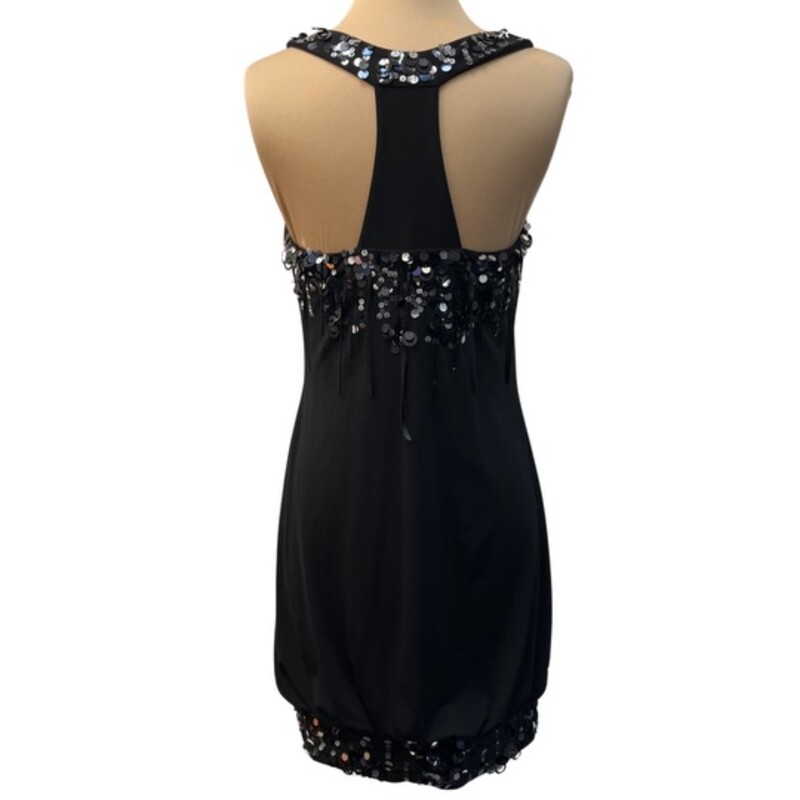 Sue Wong Sequin Dress<br />
Sleeveless with Sequin and Fringe Detail<br />
Color: Black<br />
Size: 6<br />
Perfect for that Holiday Party!