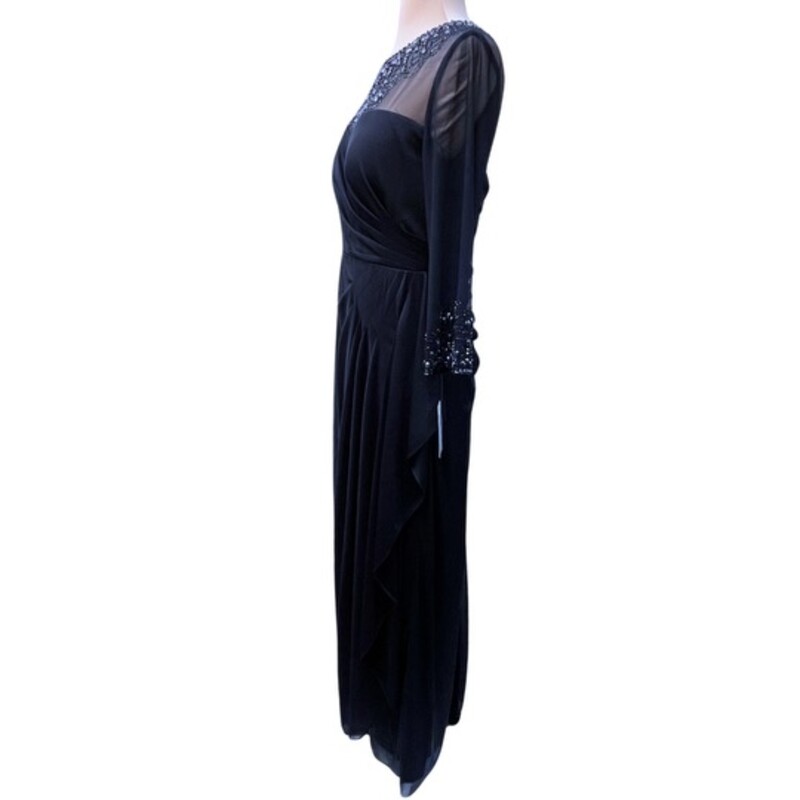 NEW Alex Evening Gown<br />
Ruched Side for A Gorgeous Silhouette<br />
Sheer Mesh Detail<br />
Bejweled n the Best Way!<br />
Color: Dark Navy<br />
Size: 8 Petite