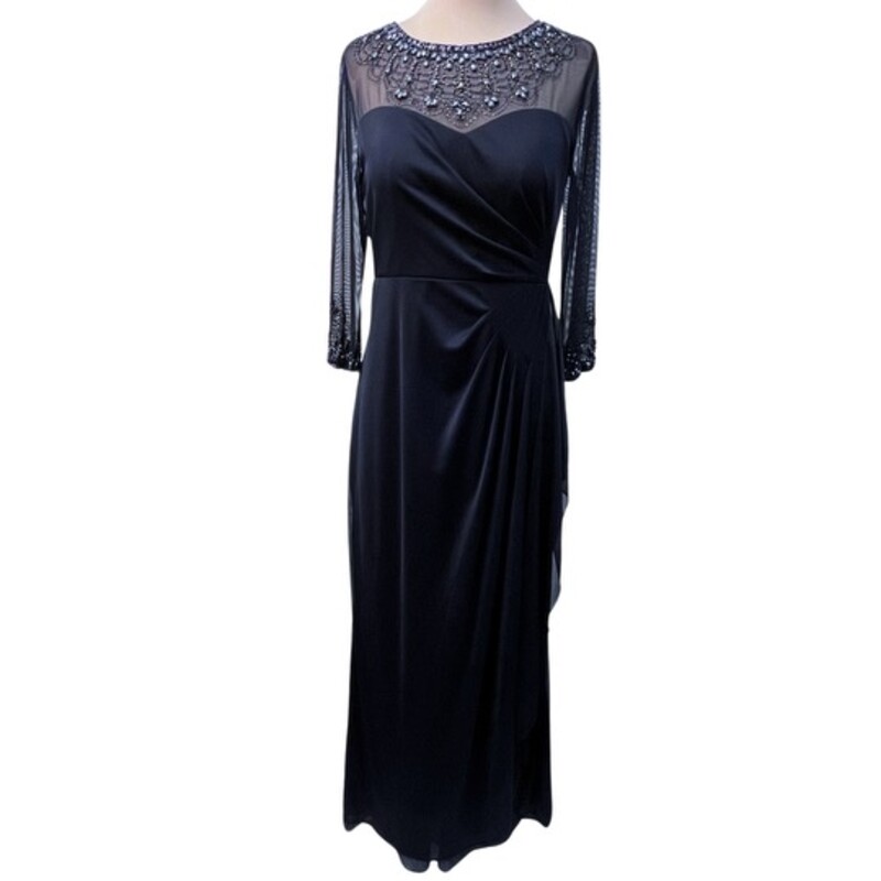 NEW Alex Evening Gown<br />
Ruched Side for A Gorgeous Silhouette<br />
Sheer Mesh Detail<br />
Bejweled n the Best Way!<br />
Color: Dark Navy<br />
Size: 8 Petite