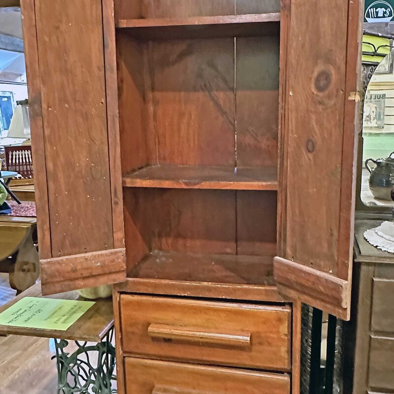 Tall Antique Cupboard with Five Drawers and Shelves Inside.
23 In Wide x 14 In Deep x 79 In Tall.