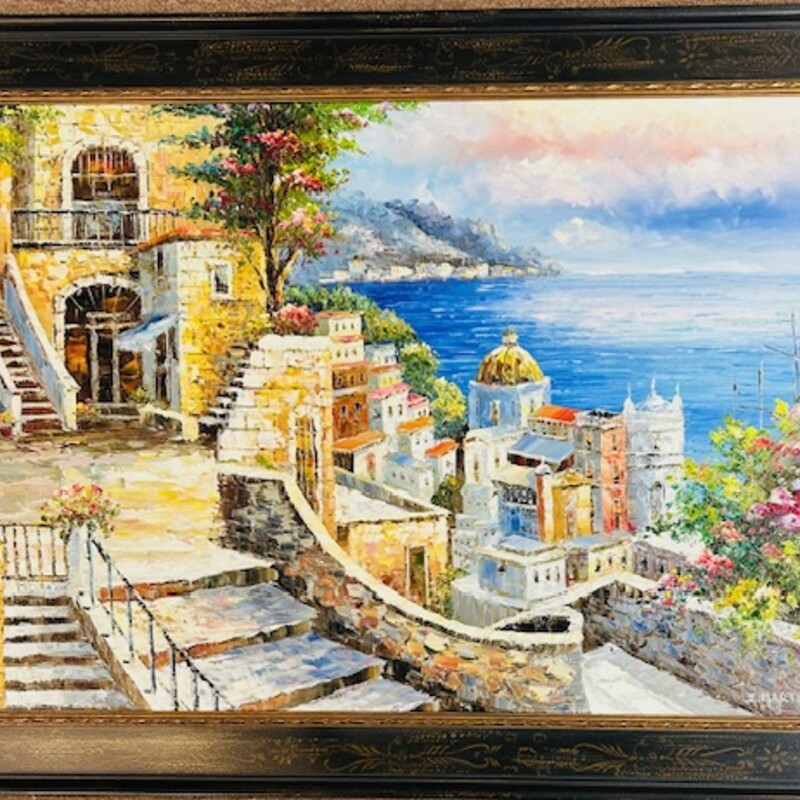 Mediterranean View Oil
Blue Cream Tan in Brown Black Frame
Size: 43x30H