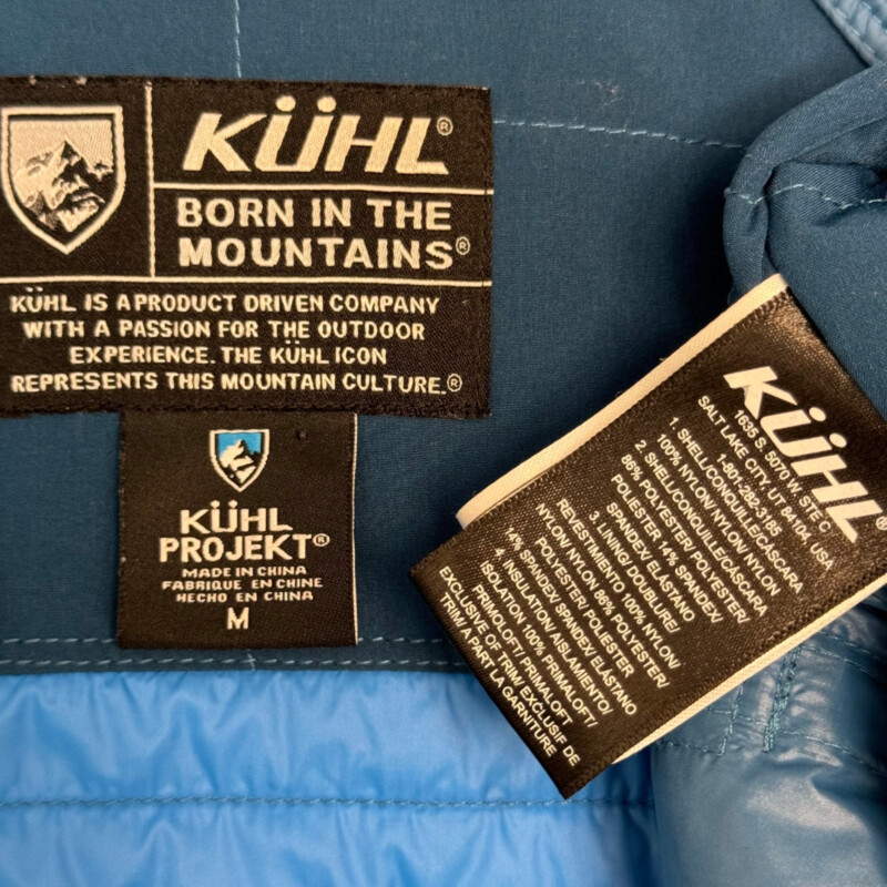 KÜHL Zip Jacket<br />
PrimaLoft Fill<br />
Zippered Pockets<br />
Quilted Detail<br />
Color:  Deep Teal<br />
Size: Medium