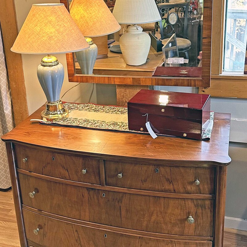 Bow Front Bureau with Matching Mirror
44 Wide x 23 Deep x 34 Tall.
Mirror is 33 Wide x 28 Tall.