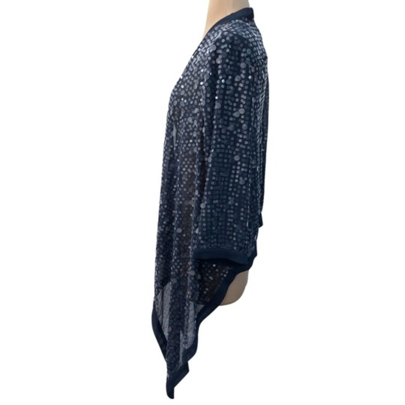 Chicos Sequined Open Cardigan
Colors:  Navy with Clear Shimmery Sequins
Size: Medium, Chicos Size: 1